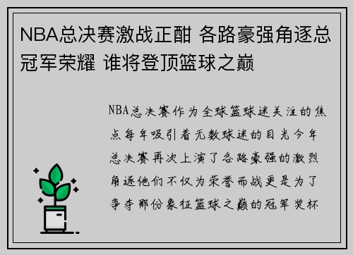 NBA总决赛激战正酣 各路豪强角逐总冠军荣耀 谁将登顶篮球之巅