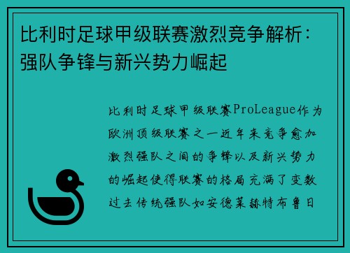 比利时足球甲级联赛激烈竞争解析：强队争锋与新兴势力崛起