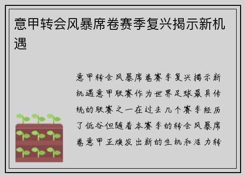意甲转会风暴席卷赛季复兴揭示新机遇